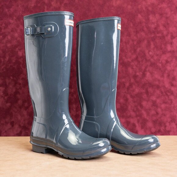 Hunter Women Original Tall Gloss Blue Granite Rain Rubber Wellies Knee sz 10 - Picture 1 of 10